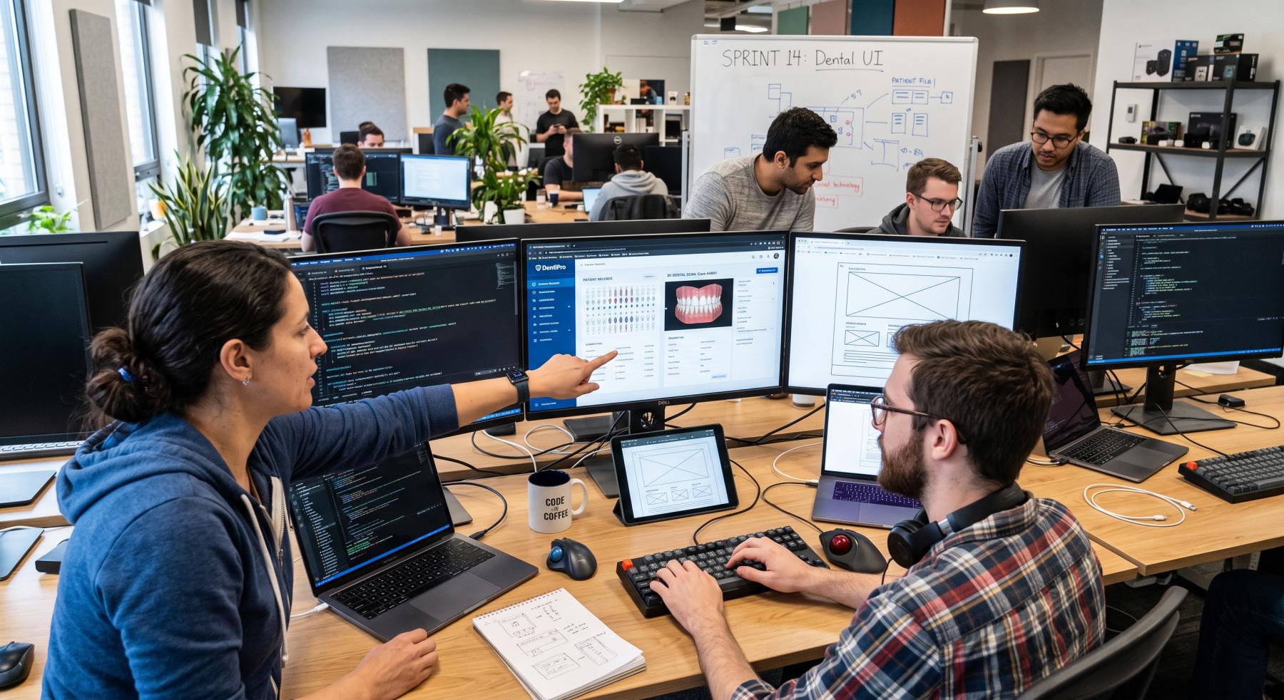 AI dental software development team designing and coding a dental SaaS platform with 3D dental models AI dental software development team designing and coding a dental SaaS platform with patient records and 3D dental models