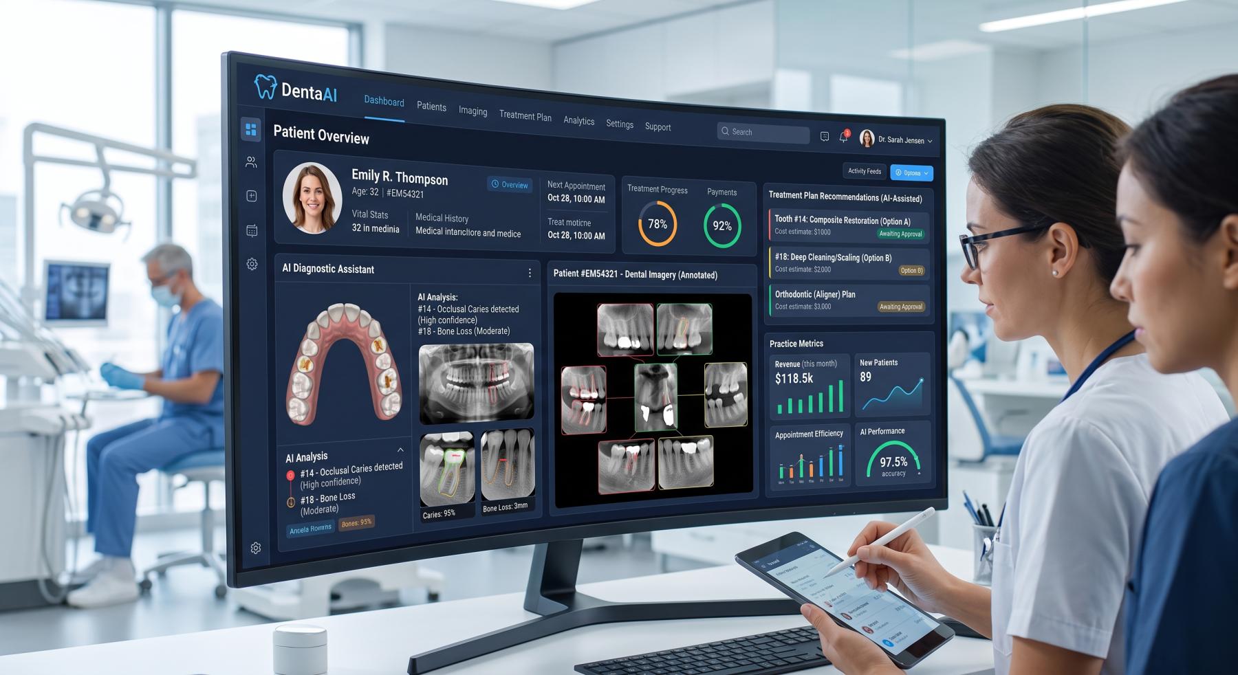 AI dental software development concept showing dentists reviewing patient records, annotated X-rays, diagnostic insights, and treatment recommendations Dentists reviewing an AI dental software platform with patient records, annotated X-rays, diagnostic insights, and treatment recommendations