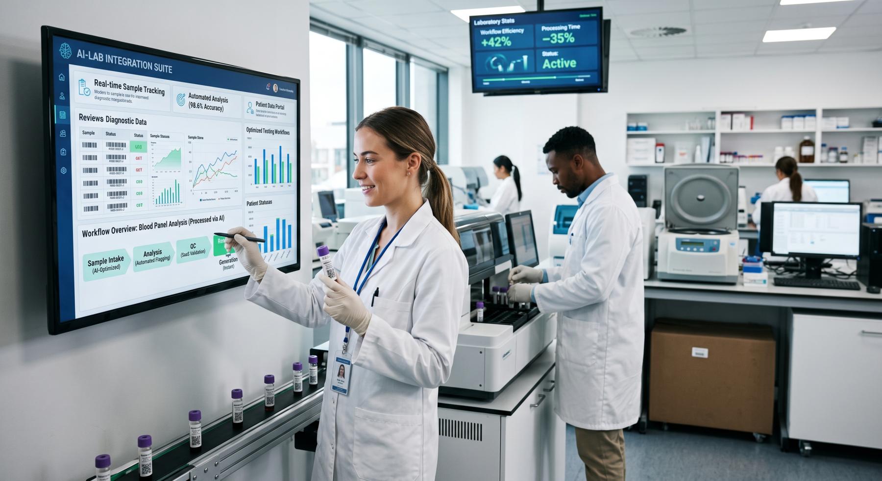 AI SaaS app development for medical laboratories showing technicians using an integrated platform for sample tracking and workflow monitoring AI SaaS app development for medical laboratories showing technicians using an integrated platform for sample tracking, automated analysis, and workflow monitoring