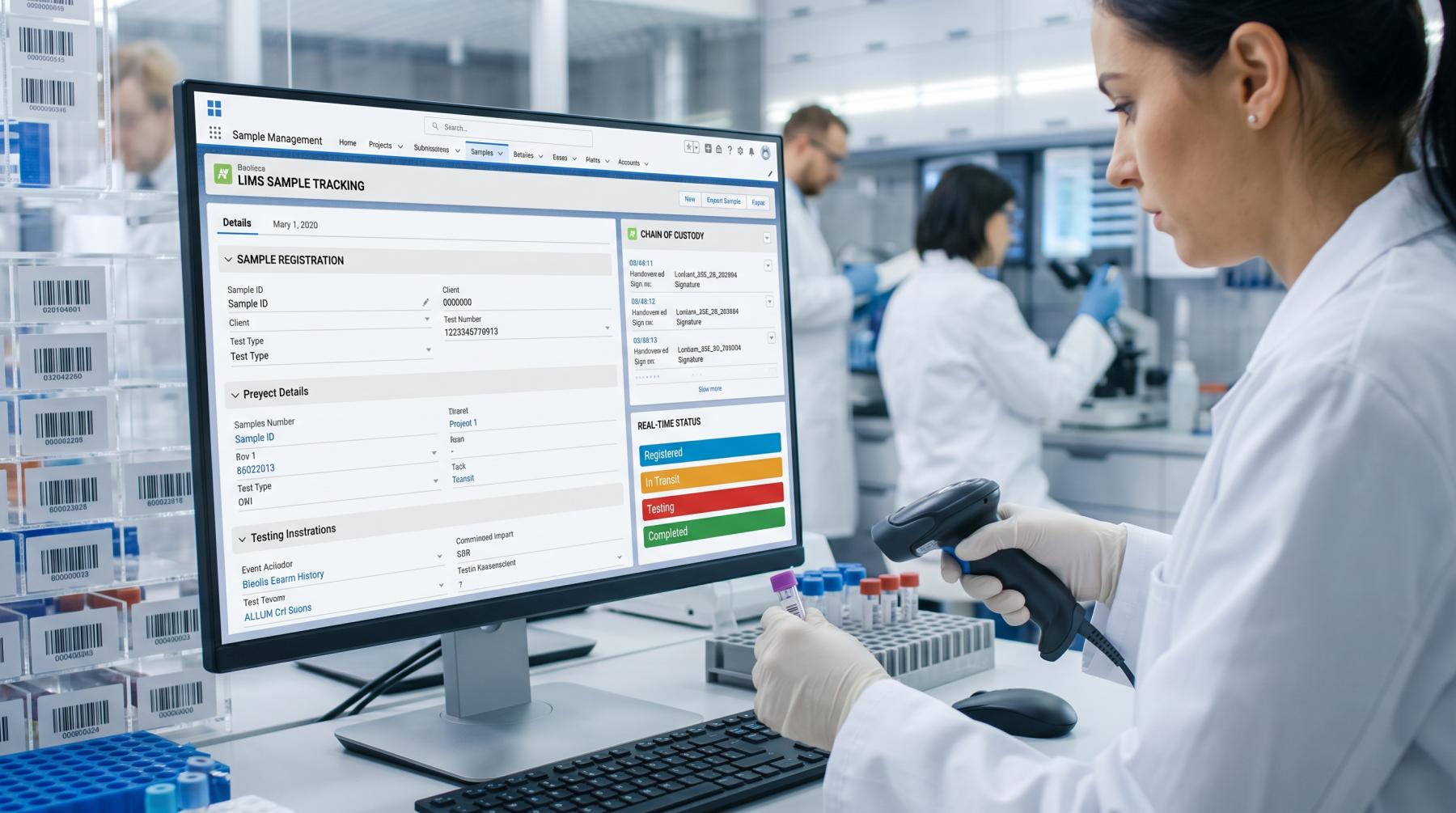 Laboratory technician using LIMS sample tracking software to scan a barcoded specimen Laboratory technician using LIMS sample tracking software to scan a barcoded specimen and monitor its chain of custody and real-time status