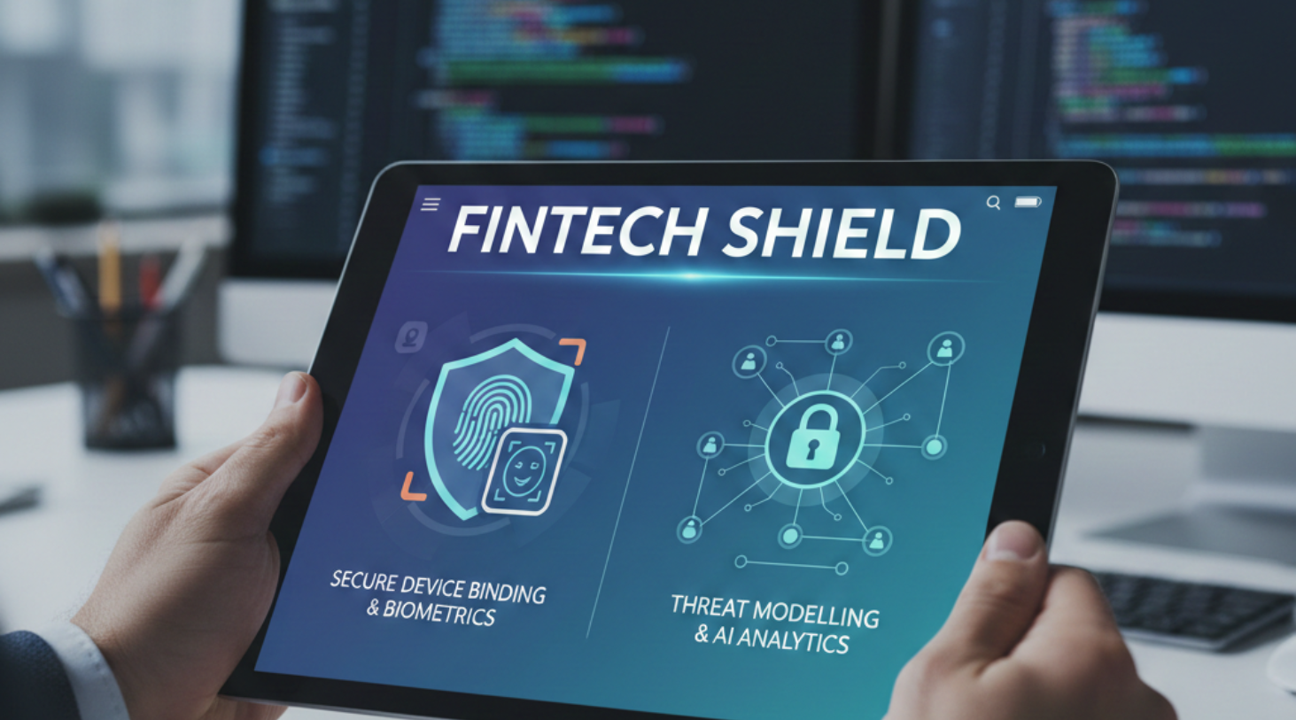 Custom Mobile App Development for FinTech Security is displayed on a laptop