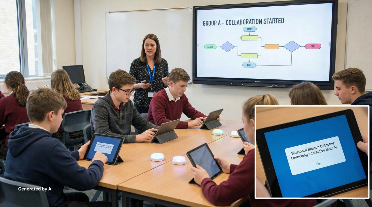 students in a class with a teacher connect to the platform via Bluetooth