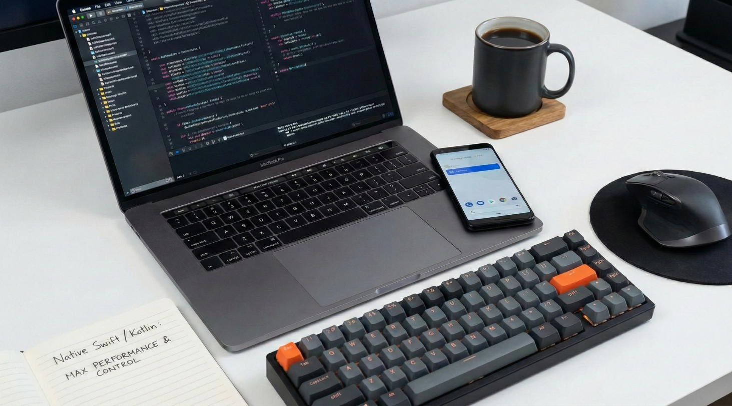 laptop with a cup of coffee and notebook on the desktop laptop with a cup of coffee on the desktop
