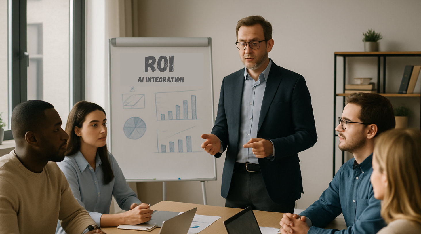 discussing AI integration of Saas development services on the meeting in the office