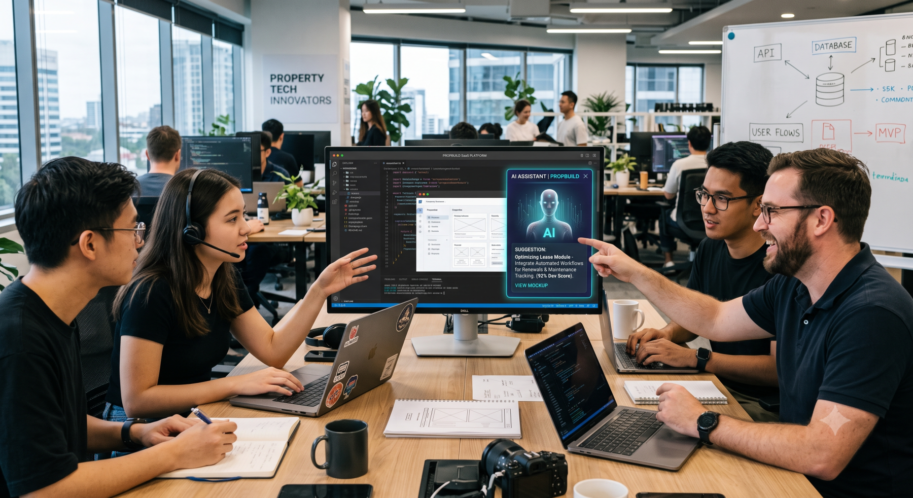 IT team is discussing an AI SaaS platform for property management software in a modern office Development team discussing an AI SaaS platform for property management software in a modern office