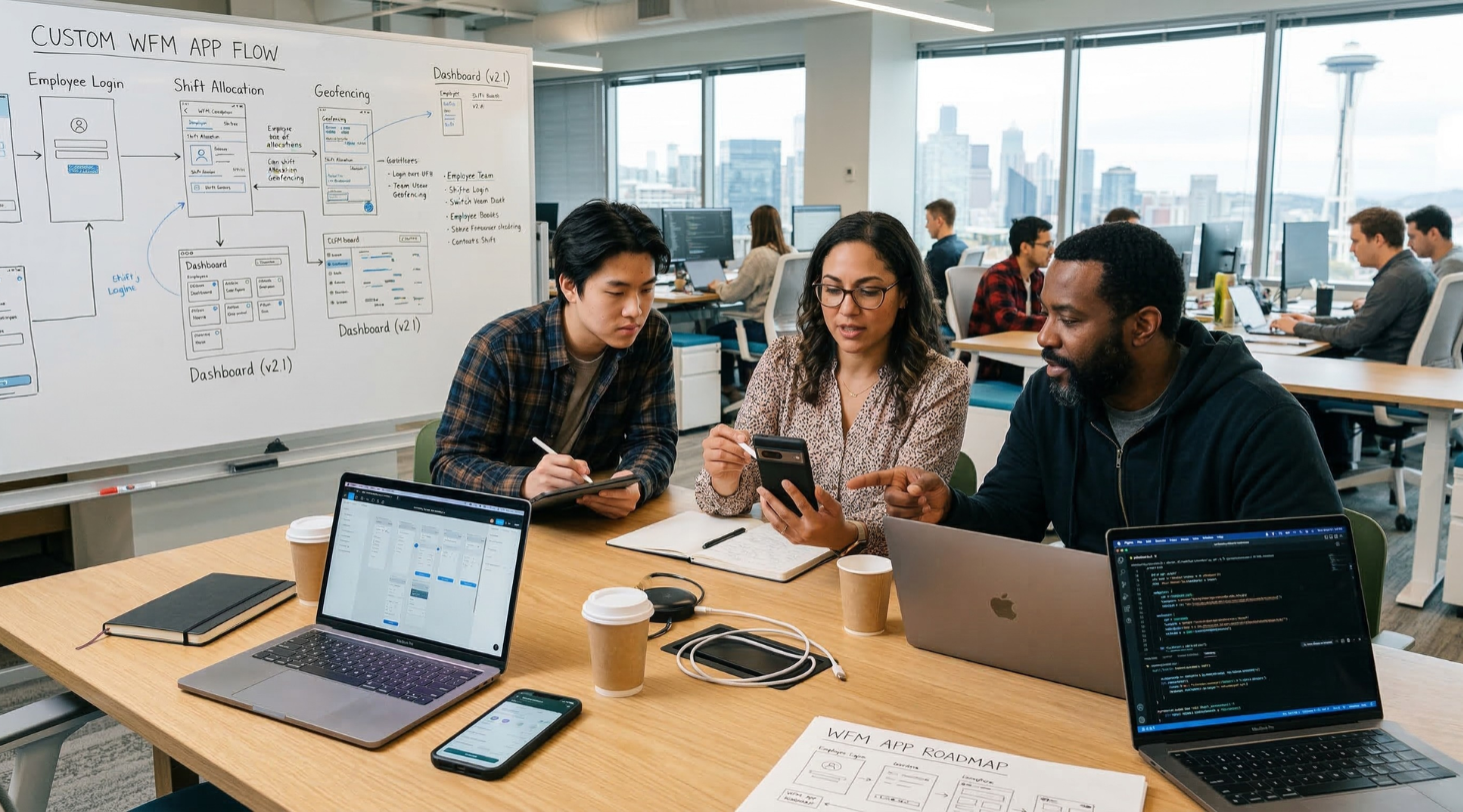 the employee in the office are discussing tha app development flow the workers in the office are discussing tha custom mobile app development flow