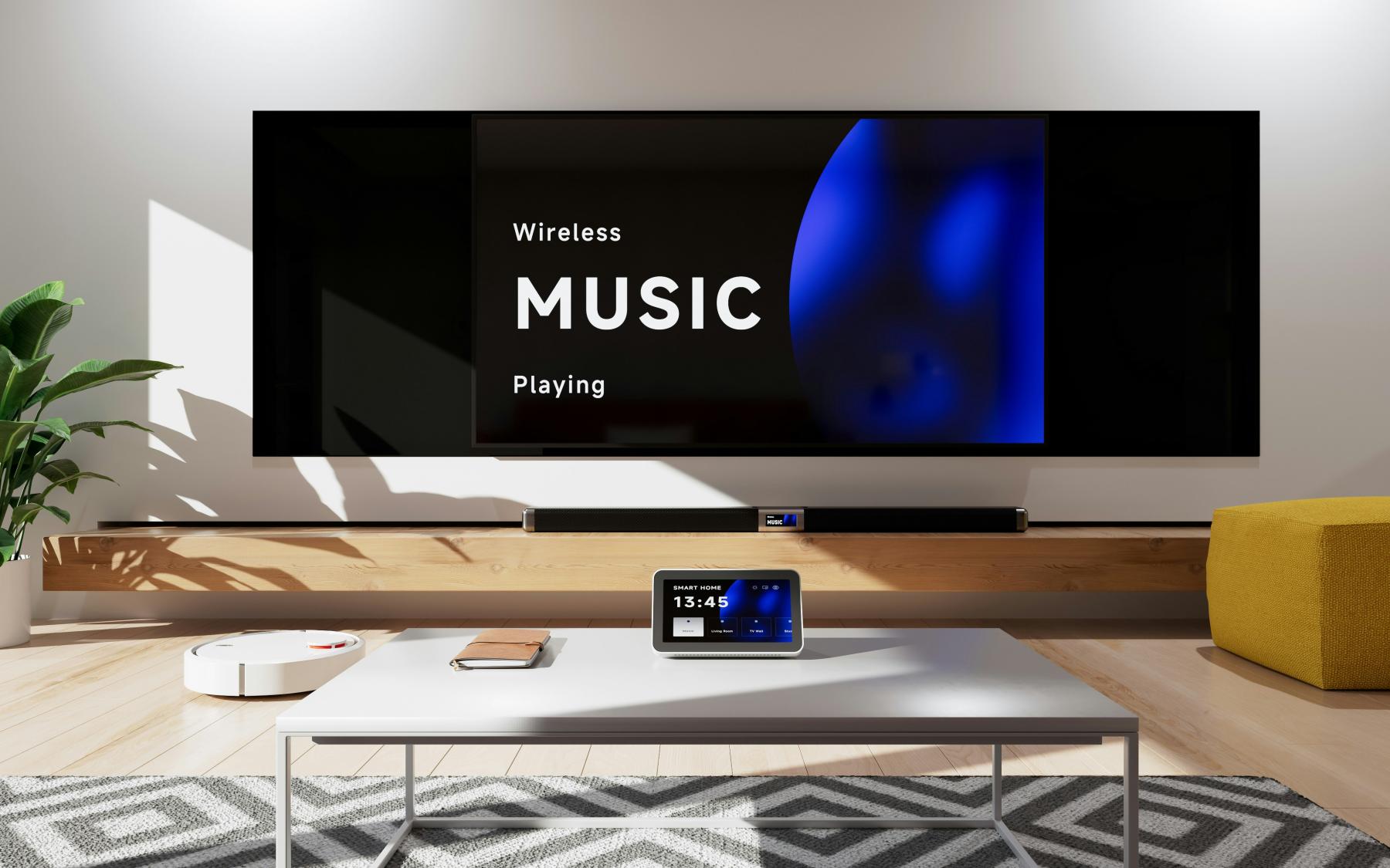 wireless music connected to a large screen on the wall