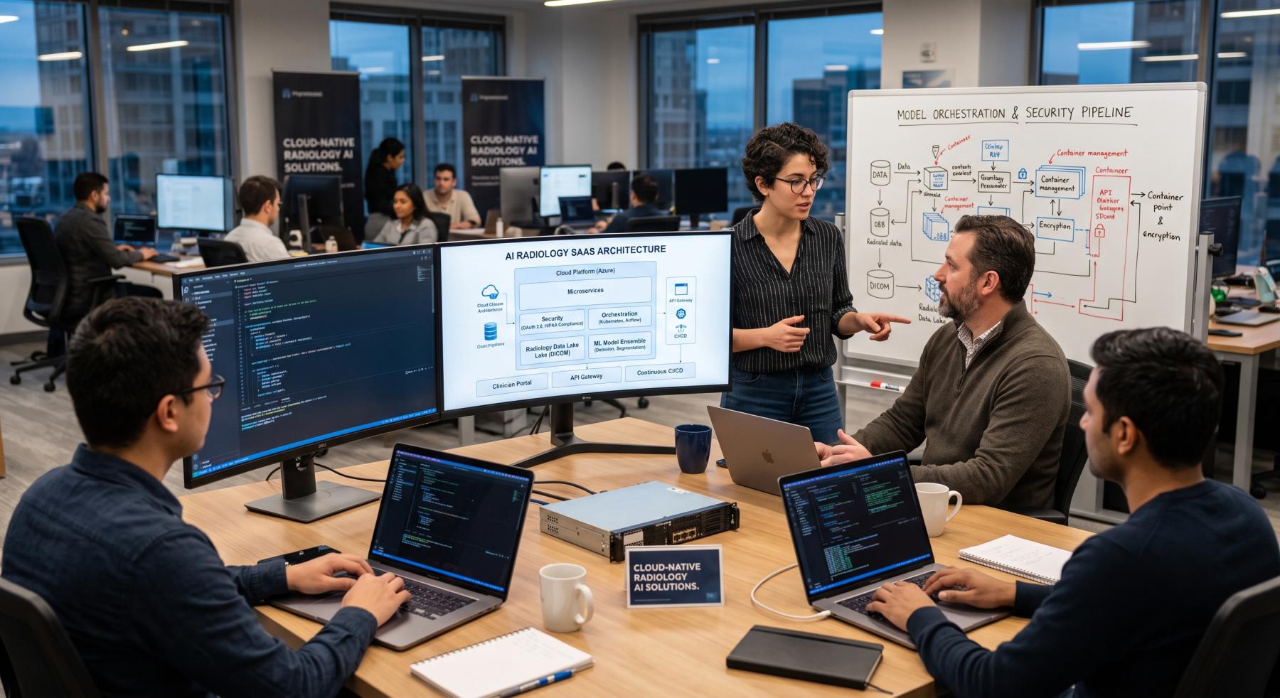 Development team reviewing AI radiology SaaS architecture on a monitor and whiteboard Development team reviewing AI radiology SaaS architecture, security, and model orchestration diagrams on a monitor and whiteboard