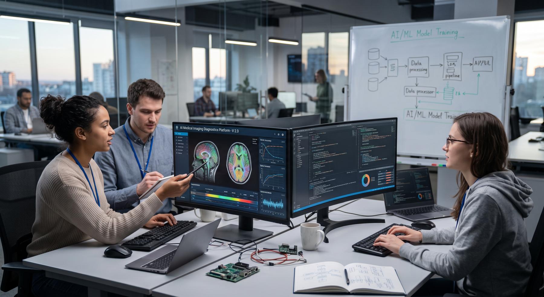 Development team reviewing AI model performance charts, and code while building AI medical imaging software Development team reviewing brain scans, AI model performance charts, and code while building AI medical imaging software